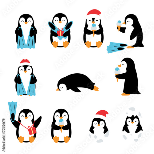 Adorable collection of cute penguins enjoying winter activities and celebrations