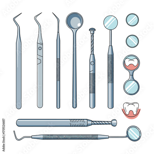 Essential dental instruments for professional oral healthcare and patient examinations