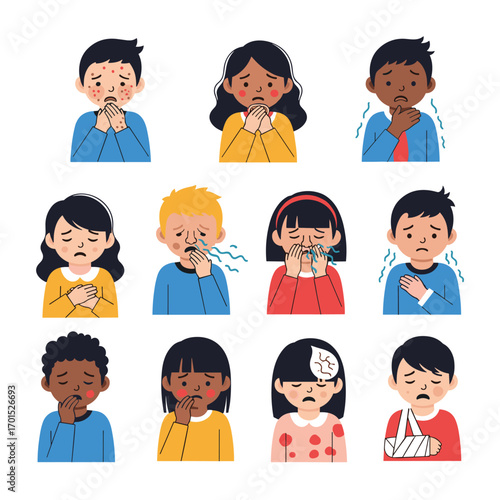 Children showing various symptoms of illness and discomfort expressing pain and sadness
