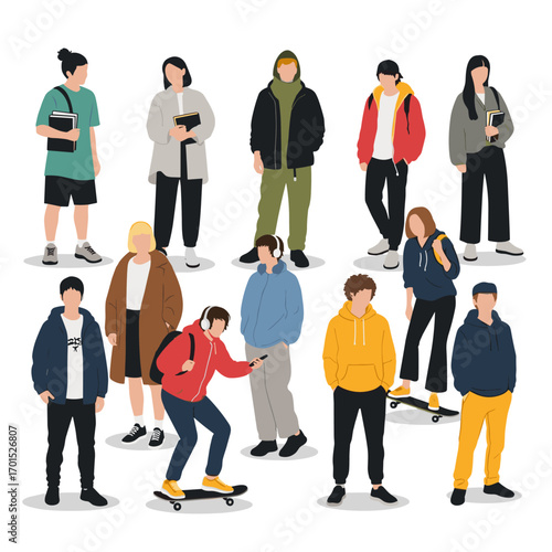 Diverse group of young people standing together wearing casual clothing ready for activities