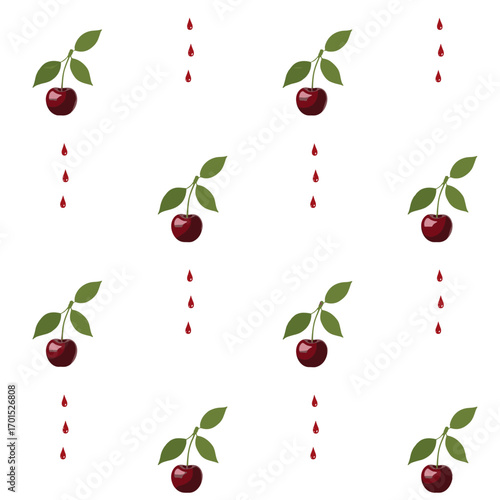 Fresh red cherries with falling red drops isolated on white background fruit pattern