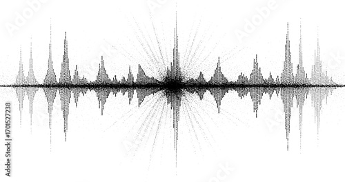 Abstract stipple wave flow in light grain texture and digital spray. Gradation of particles in monochrome background. Vector.