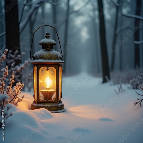 Old brass lantern on snowy path, glowing against muted forest background with morning mist