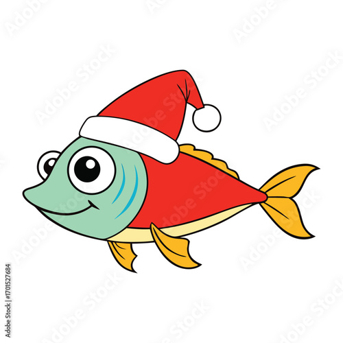 A cheerful Christmas fish wearing a bright red Santa hat, bringing underwater holiday spirit with a festive touch, blending ocean charm with seasonal joy.
