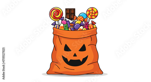 Vector illustration of a Halloween jack-o'-lantern trick-or-treat bag filled with an assortment of colorful candy and sweets