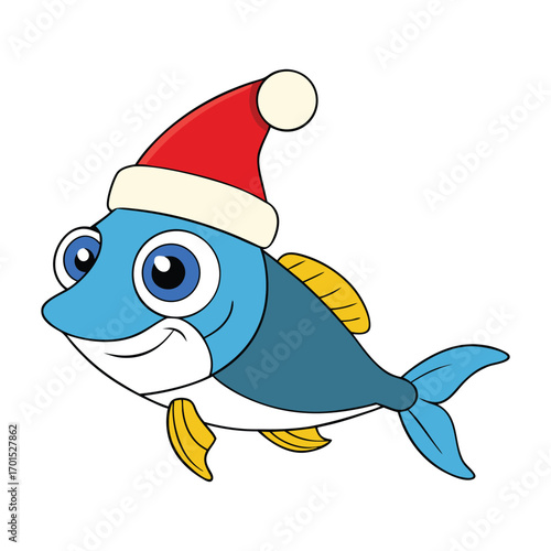 A cheerful Christmas fish wearing a bright red Santa hat, bringing underwater holiday spirit with a festive touch, blending ocean charm with seasonal joy.
