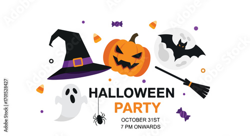 Spooky Halloween Party Invitation with Witch Hat, Pumpkin, Bat, Broom, and Ghost - October 31st Event