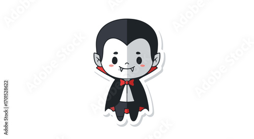 Adorable cartoon vampire character with a black cape and red bow tie. Cute little Dracula boy, a spooky Halloween monster illustration in a flat vector style