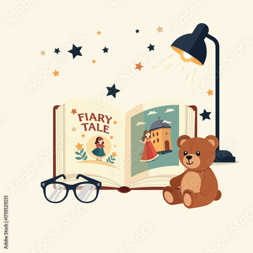 Flat Vector Fairy Tale Bedtime Story – Open Book, Princess, Castle, Lamp, Teddy Bear, Glasses, and Stars
