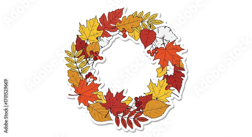 Colorful Autumn Wreath Illustration with Various Leaves - Ideal for Fall Season and Thanksgiving Decor
