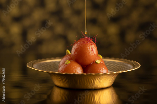 Luxury Indian Dessert Gulab Jamun Floating with Syrup Droplets and Pistachio Garnish