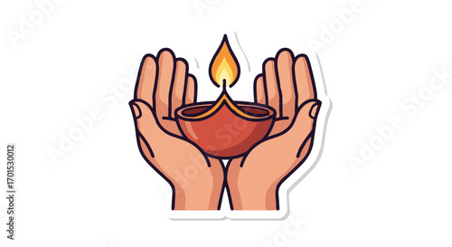 A vector sticker illustration of hands holding a lit Diya oil lamp, a symbol of hope for the Diwali festival of lights celebration