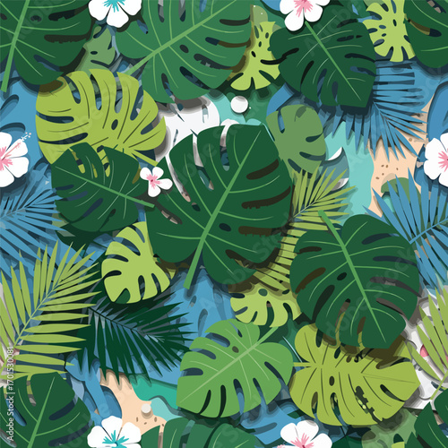 Tropical paradise background featuring lush Monstera leaves and vibrant Hibiscus flowers, seamless pattern, royalty stock.