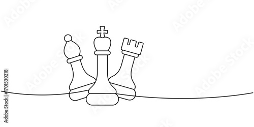 Elegant chess line art of bishop, king, and rook together, minimalist black outline for strategic art and educational materials
