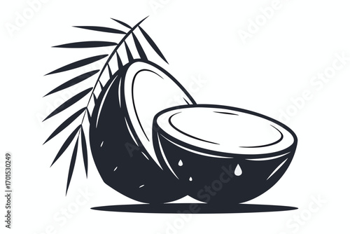 Coconut Whole and Half, Black Outline on White Background