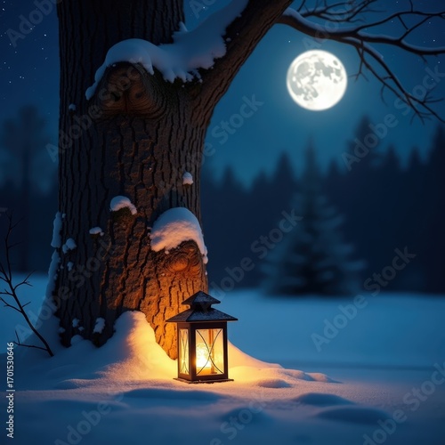 Lantern placed beside snow-covered tree trunk, with full moon casting cool shadows