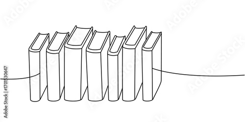 Minimalist contour of seven books in a row connected by a flowing line on white background