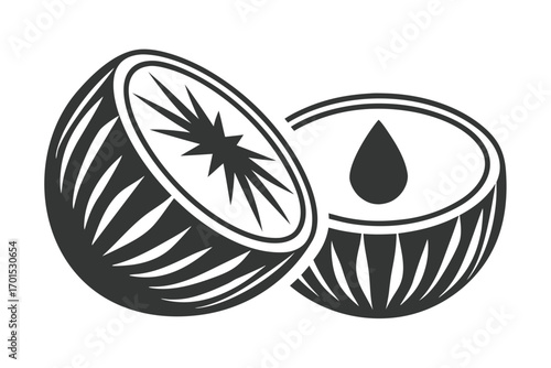 Coconut with Halved Nut and Water Drop on White Background Isolated
