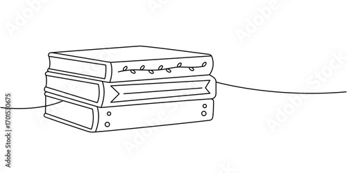 Stack of three closed books with decorative covers drawn in clean contour line art