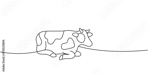 Cow lying on pasture. Minimal continuous line vector art for modern farm branding and natural themes
