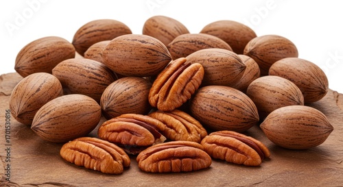 Pecans, whole and shelled, on a light background with a copy space