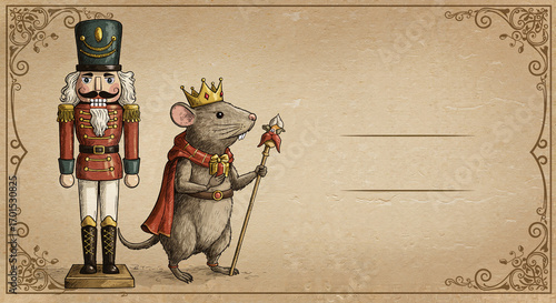 Nutcracker and crowned mouse holding scepter on vintage background  