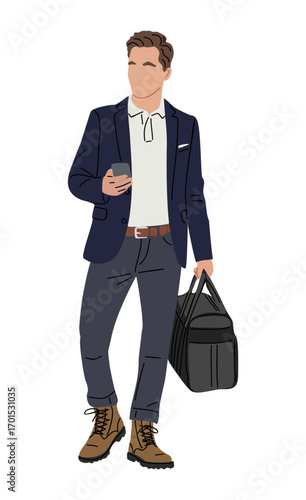 Business man in smart casual clothes, standing full-length, holding a duffle bag and smartphone. Vector illustration isolated on transparent background, ideal for business and lifestyle designs