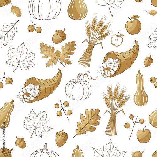Thanksgiving pattern with pumpkins, leaves, cornucopias and wheat in golden color, patern seamless, Stock royalty free.