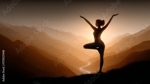 Wallpaper Mural Silhouette of a woman in yoga pose at sunset over mountain landscape Torontodigital.ca