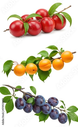 Set of branches with juicy nectarines, apricots, and plums on white background