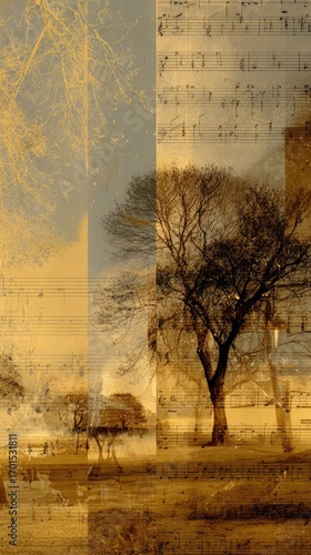 An abstract image juxtaposes a sepia-toned landscape with a vertical segment of aged musical notation, creating a layered effect of nature and music