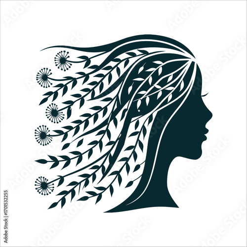 Elegant Woman Profile with Floral Hair Design EcoGlamour A face profile with hair flowing into willow branches and dandelion puffs