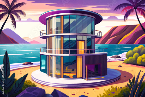 Cylinder futuristic villa on ocean coast, vertical design with panoramic glass geometry blending nature and luxury