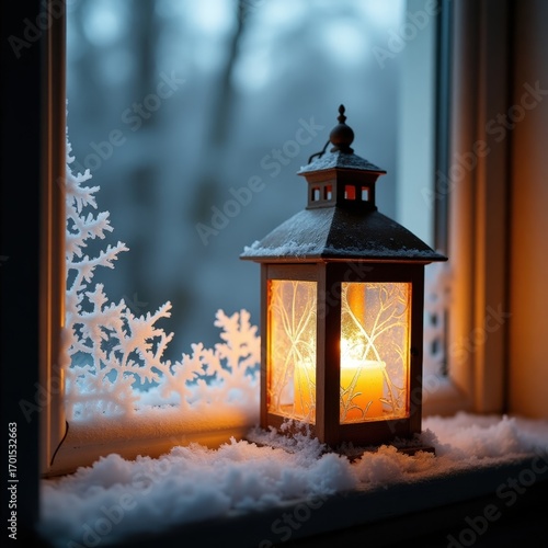 Lantern shot through frozen glass window, showing soft light behind frost