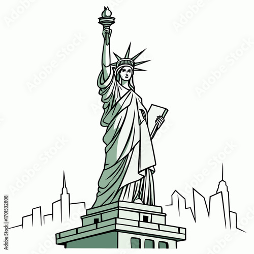 Vector art of statue of liberty illustration, a symbol of freedom and democracy, standing tall against a backdrop of the new york city skyline, representing the iconic landmark
