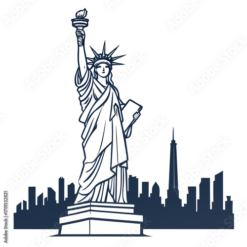 Vector art of statue of liberty illustration, a symbol of freedom and democracy, standing tall against a backdrop of the new york city skyline, representing the iconic landmark