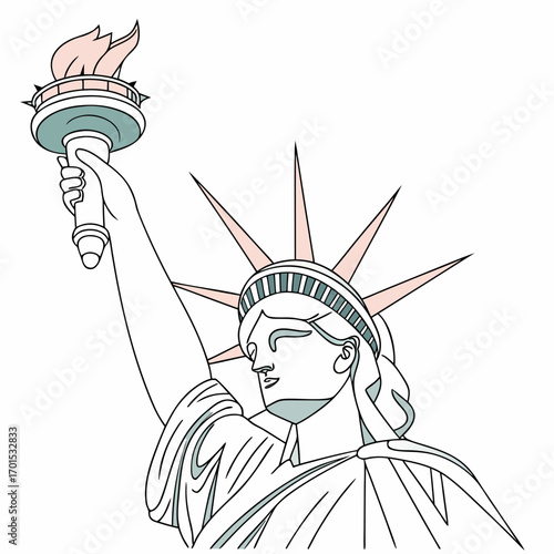 Illustration of the statue of liberty, a symbol of freedom and democracy, with its iconic torch and crown, representing american ideals and heritage, vector art