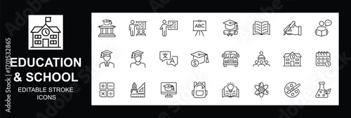 Education & School Icon set. Contain icons related to Education, school subjects, supplies, science, online learning, and more. Editable stroke. Vector illustration