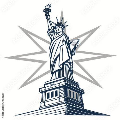 Illustration of the statue of liberty holding a torch and tablet, set against a soft gray starburst background, a symbol of freedom and enlightenment