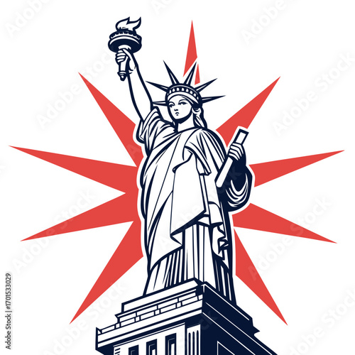 Illustration of the statue of liberty holding a torch, standing tall against a vibrant red starburst background, a powerful symbol of freedom and hope