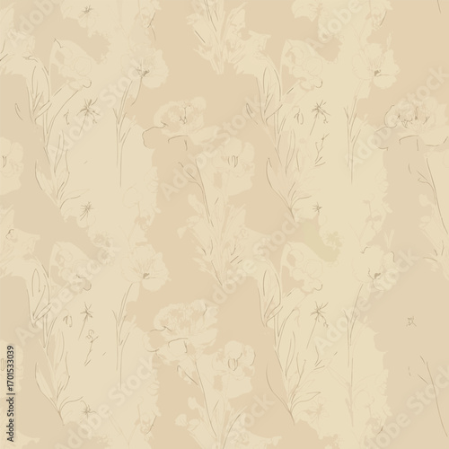 Subtle floral pattern with delicate line art on a soft beige background, seamless pattern, Stock royalty free image.