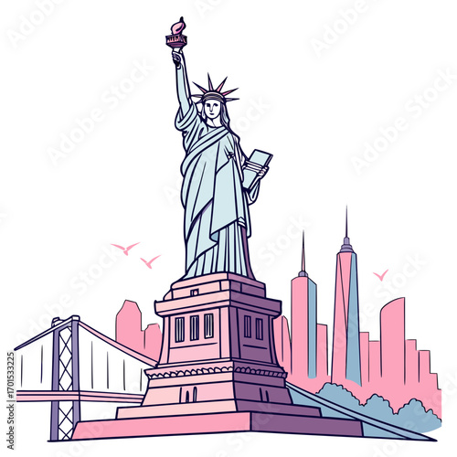 Vector art of the statue of liberty stands tall against the backdrop of the new york city skyline, a symbol of freedom and democracy, with the brooklyn bridge adding to the iconic cityscape