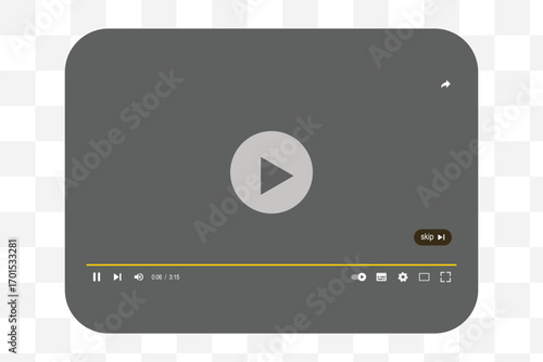 Multimedia video player for web and mobile apps. Chat video frame in flat style. Play video window with navigation icons, play button icon. Vector illustration on a transparent background.