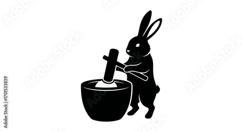 Silhouette of a Rabbit Pounding Mochi for a Traditional Celebration