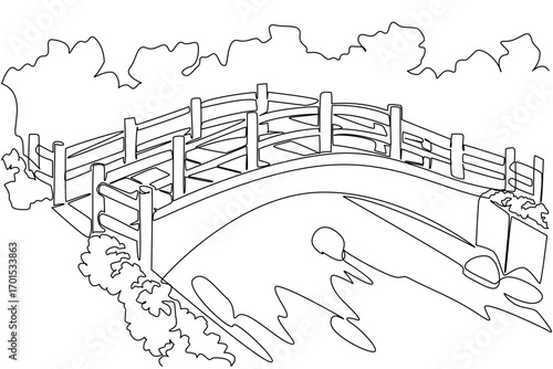 Continuous one line drawing public garden with wooden bridge and trees. Public facilities and infrastructure to calm the mind. National Public Gardens Day. Single line draw design vector illustration