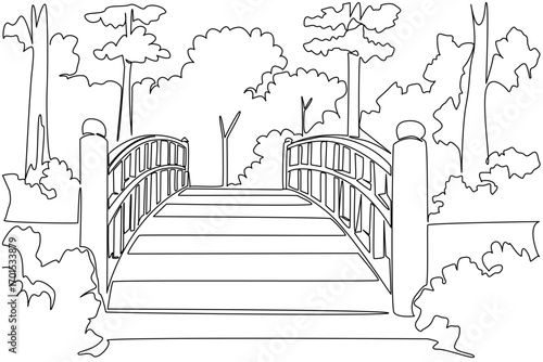 Single continuous line drawing public garden with wooden bridge and trees. A place to clear the tired mind. Cool and clean air. Fresh. National Public Gardens Day. One line design vector illustration