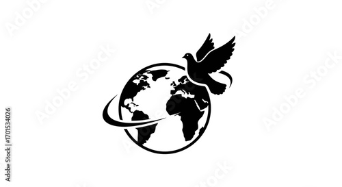 A black and white graphic illustration depicting a dove in flight around a stylized globe with orbiting rings, symbolizing peace and global unity