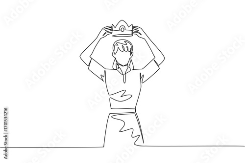 Single one line drawing a woman in casual clothes puts a crown on her head for herself. High level narcissism. Excessive self pride. Reward Yourself Day. Continuous line design graphic illustration