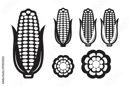 Corn Cobs Set with Flower Motifs Silhouette Style Isolated Design Elements