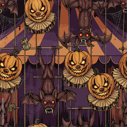 Spooky Halloween circus scene with pumpkins and bats on trapeze bars design, patern seamless, royalty stock.